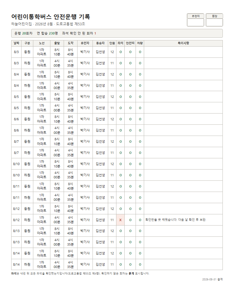 통학차량 운행일지 표본
